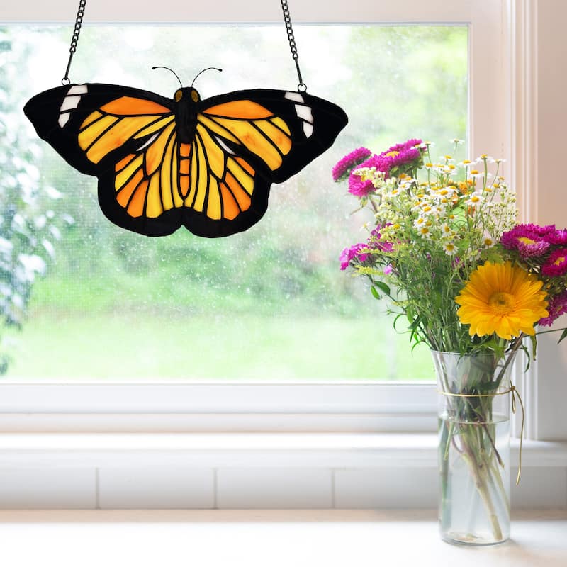 River of Goods Monarch River of Goods Orange and Black Stained Glass Window Panel - 12.375" x 0.25" x 6.5"