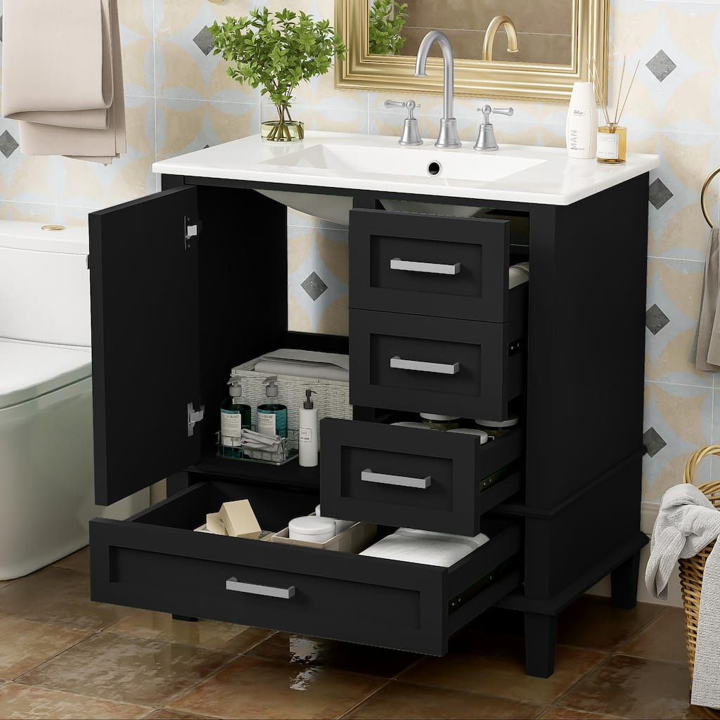 30-Inch Modern Bathroom Vanity in Black with Solid Wood Frame, Ceramic Sink, 3 Drawers, and Soft-Close Doors