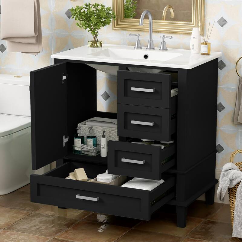 Single Sink Bathroom Vanity Cabinet, Vanity Base & Ceramic Sink Combo Set, 3 Drawers Bathroom Storage Cabinet, 30 Inch