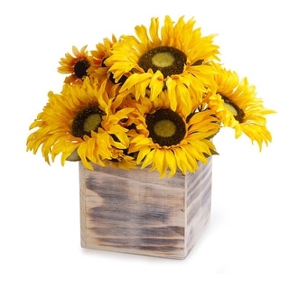 Enova Home Mixed Artificial Silk Sunflowers Fake Flowers Arrangement with Natural Wood Planter for Home Office Decoration