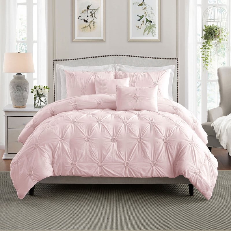 Home Essential Stylish Extra Plush Ultra Soft 3D Hand Embroidered Floral Pintuck Bedding Comforter Set - Rose - King