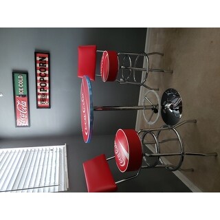 Trademark Gameroom Coca Cola Vinyl Upholstery Metal Pub Table and Bar Stools with Backs Set
