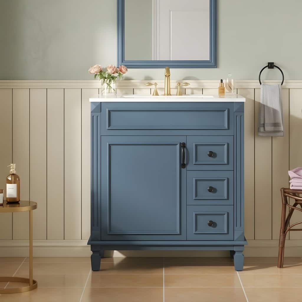 30" Bathroom Vanity with Ceramic Sink with 2 Drawers and Adjustable Shelf