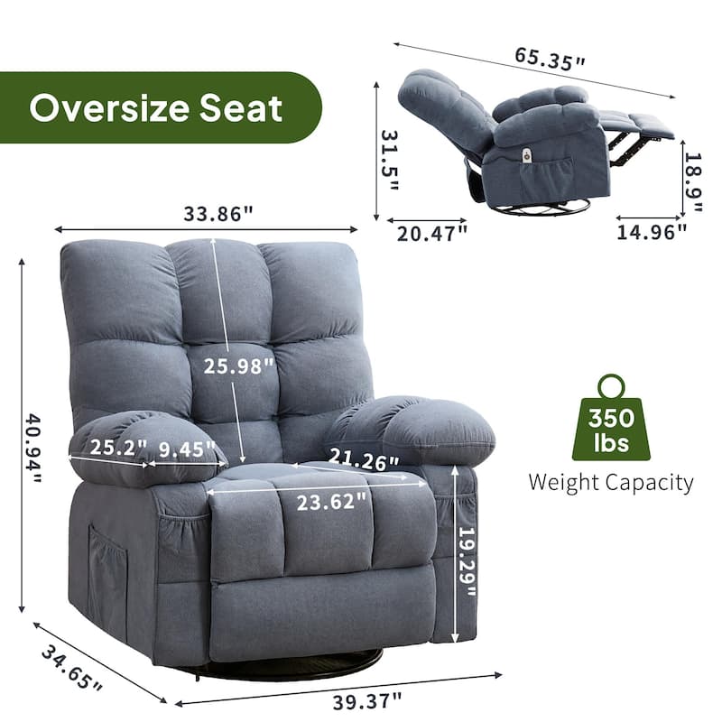 Oversized Massage Swivel Rocker Recliner Chair with Lumbar Heating and Side Pocket & USB Charge Port, Living Room Single Sofa