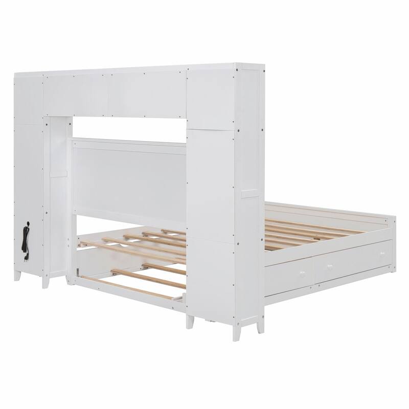 Wooden Bed with Built-in Cabinet, Shelf, and Sockets