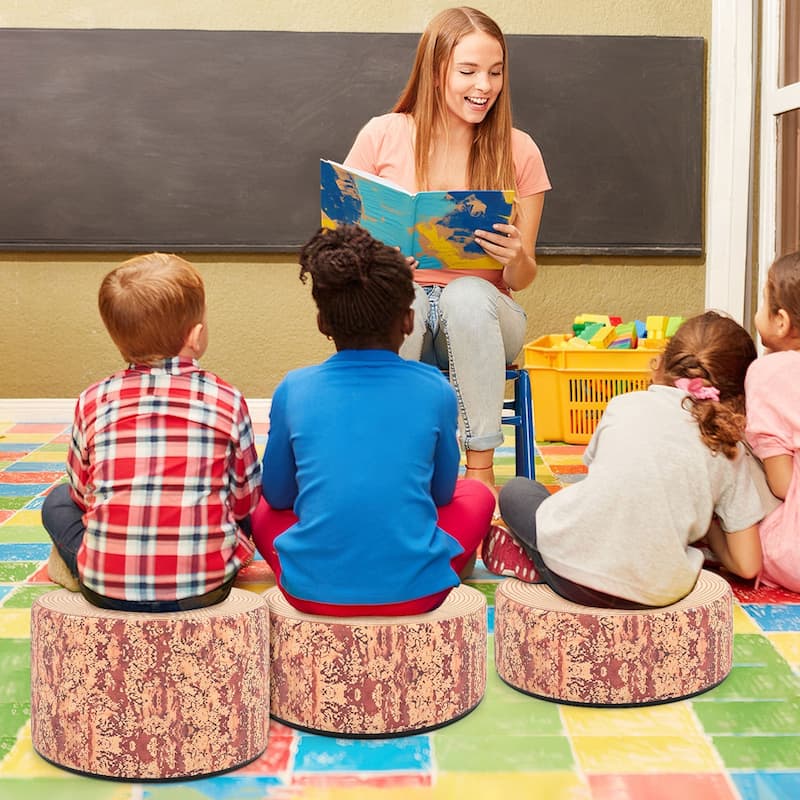 Gymax 3 PCS Tree Stump Stool Set w/Wood Printing Nature Decoration &