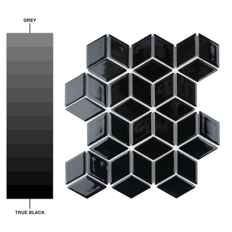 Merola Tile Hudson Rhombus Glossy Black 10-1/4" x 11-3/4" Porcelain Mosaic Floor and Wall Tile