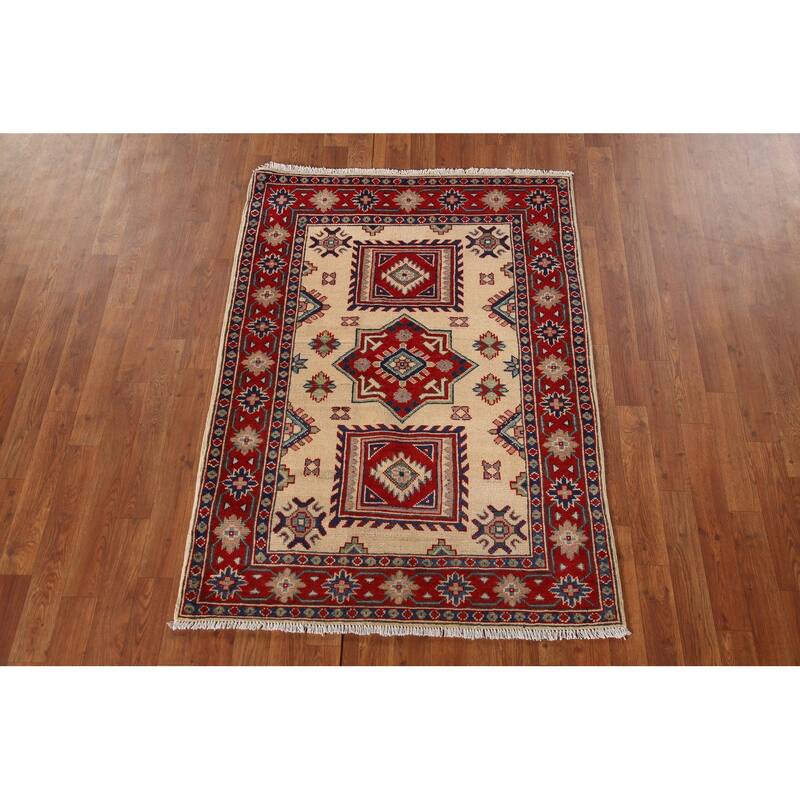 Ivory Kazak Oriental Accent Rug Hand-Knotted Wool Carpet - 3'5"x 4'10"