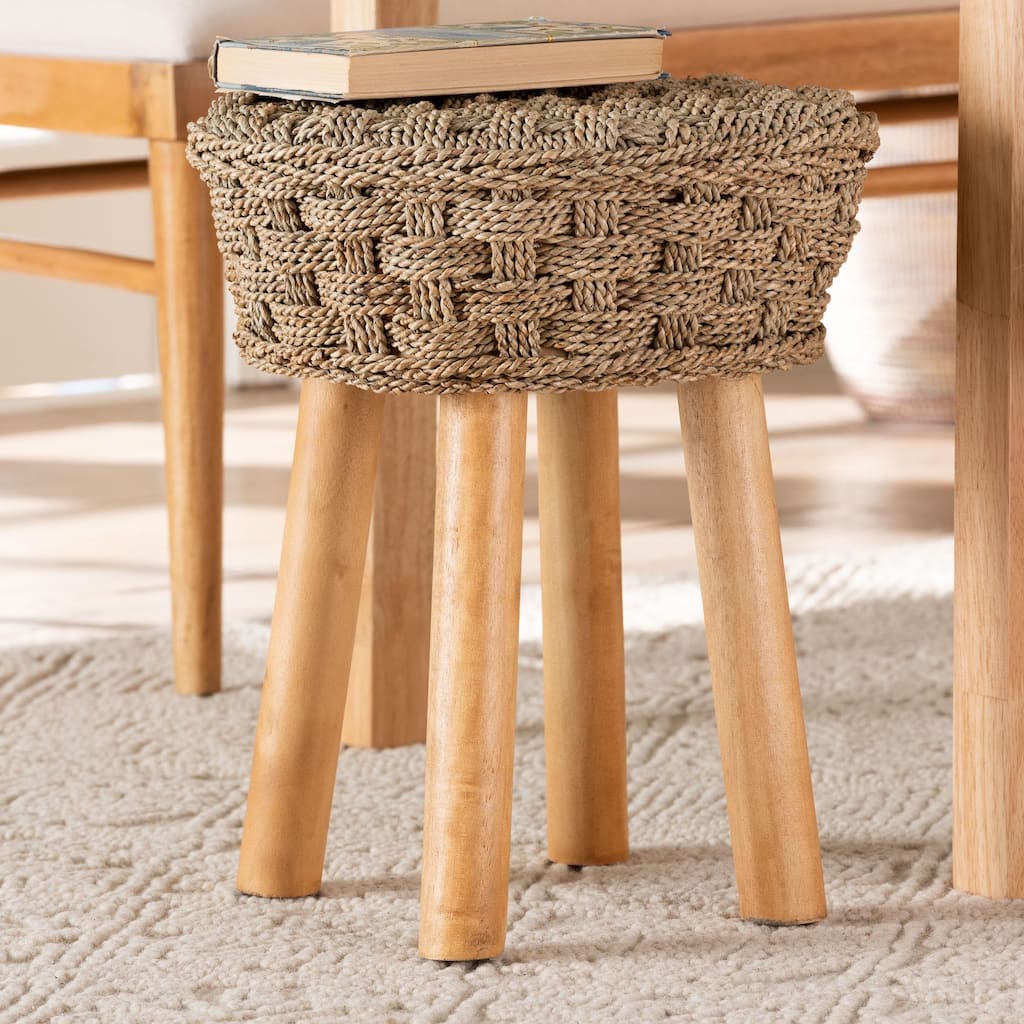 Denver Modern Bohemian Natural Seagrass and Acacia Wood Stool