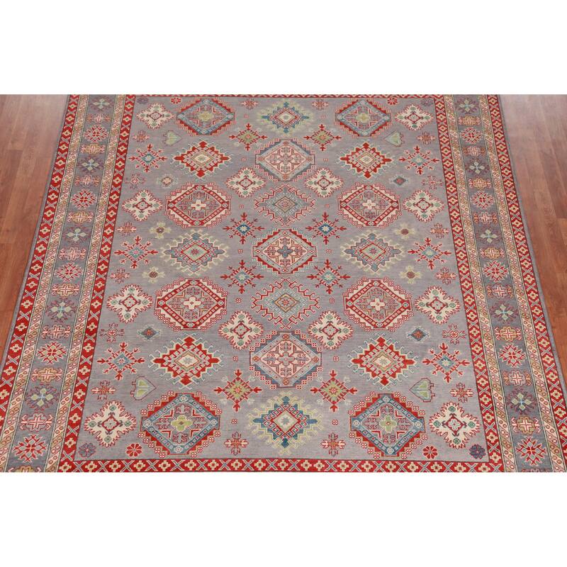 Hand Knotted Oriental 100% Wool Carpet Traditional Geometric Greys & Charcoal Kazak Area Rug - 9' 9'' X 8' 2''