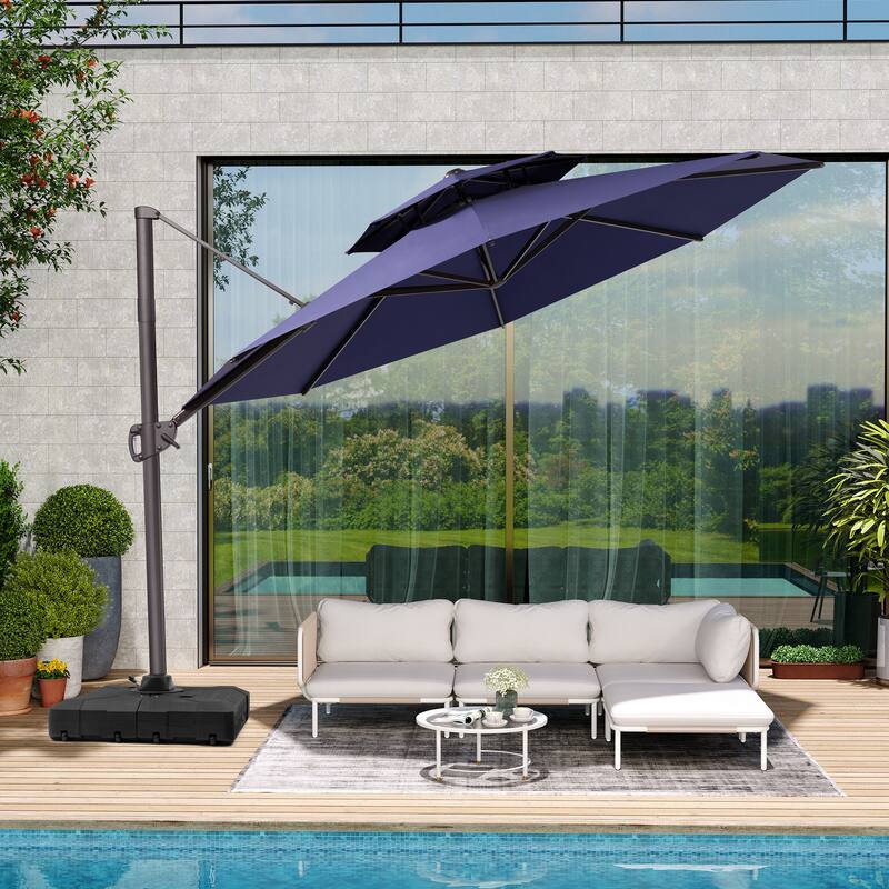 VredHom Dual Wind Vent Offset Cantilever Patio Umbrella with Base - Navy Blue