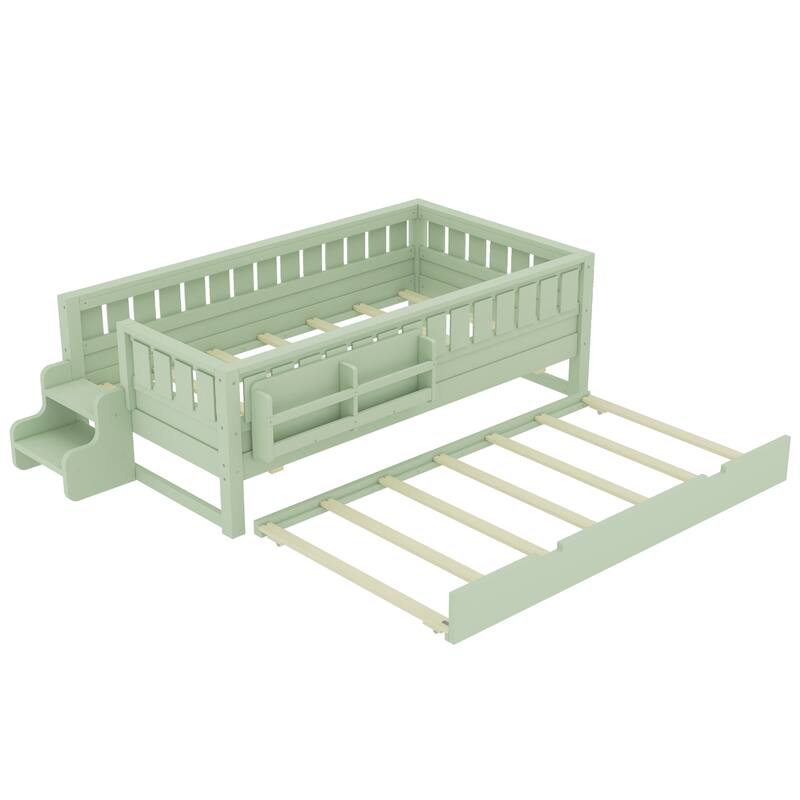 Full/Twin Loft Bed with Bookshelves, Safety Stairs & Trundle