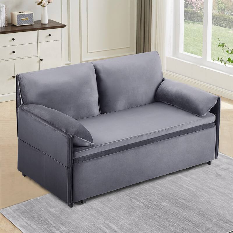 63 inch Grey Velvet Variable Sofa Bed with Double Armrest, Convertible to King Size Bed