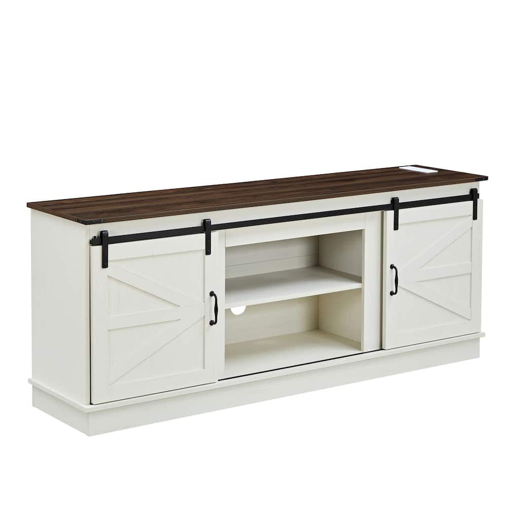 Farmhouse TV Stand with USB Ports and Sliding Barn Door
