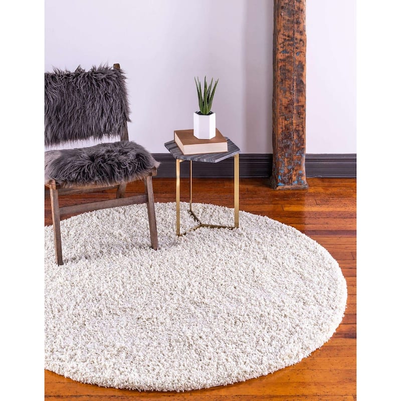 Shag Laurian Collection Area Rug - 5' Round - Pure Ivory