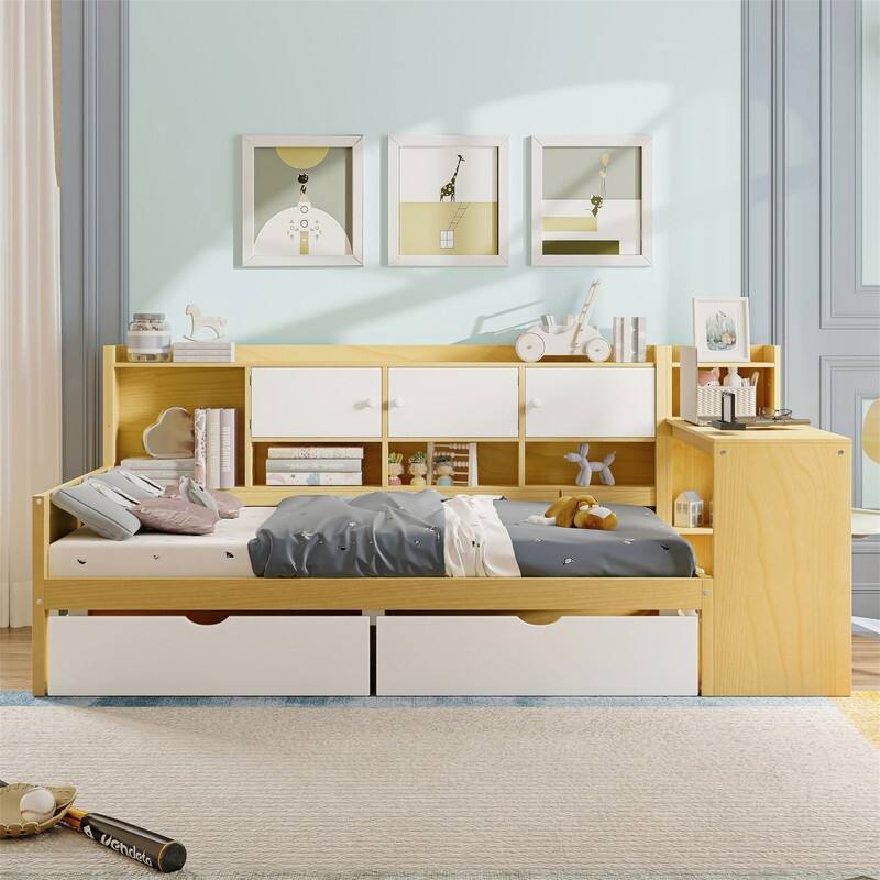 Wooden Daybed with 2 Storage Drawers and Study Desk, Twin/Full Size Daybed Frame Sofa Bed with Storage Shelves and Cabinets