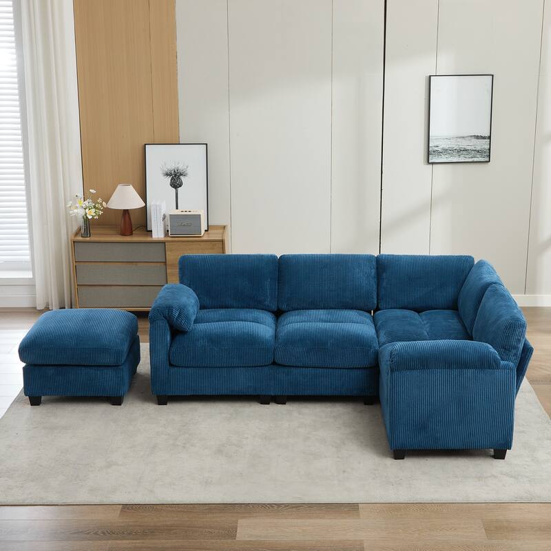 5-Seater Corduroy Sectional Sofa, Removable Ottoman, Modular Design