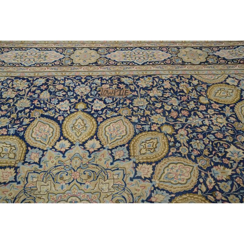 Hand Knotted Oriental 100% Wool Carpet Traditional Floral Navy Blue & Blues Kerman Area Rug - 13' 4'' X 10' 0''