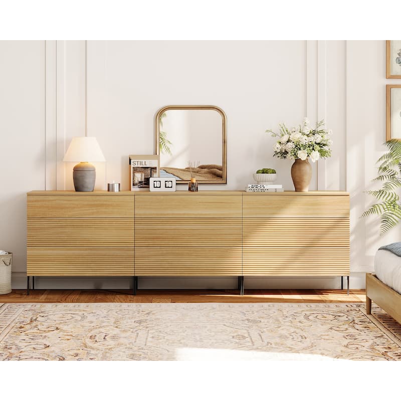 Modern Wood 3-Drawer Dresser With Reeded Design, Minimalist Dresser Organizer Storage - Oak - 9-drawer