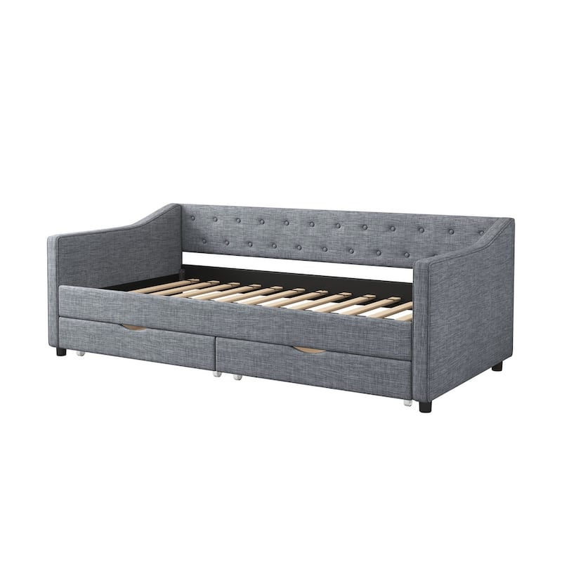 Twin Size Fabric Upholstered Tufted Daybed with Drawers and Wood Frame