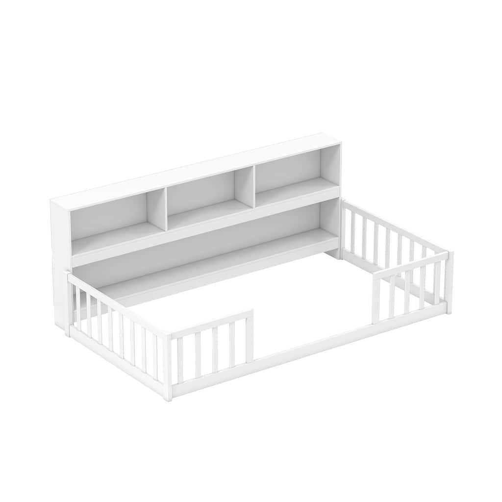 Montessori Twin Floor Bed with Bookshelf & Safety Rails Low-to-Ground Pine Wood Frame for Kids
