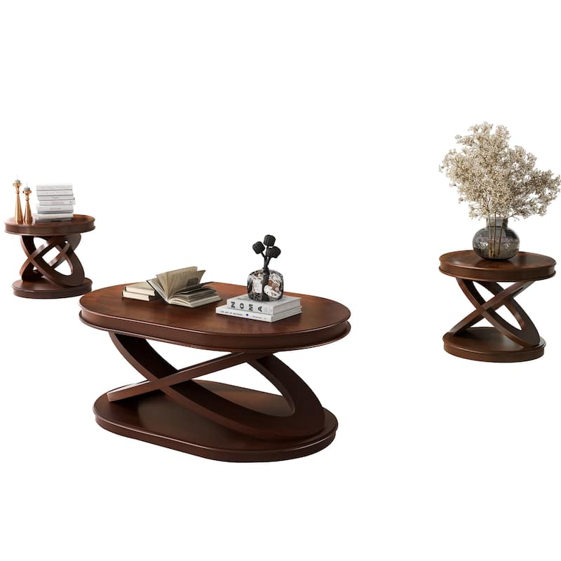 Oval Coffee Table & Round End Tables Set of 3, Retro Wood Table Sets with X-shaped Structure Base and Non-slip Foot Pads