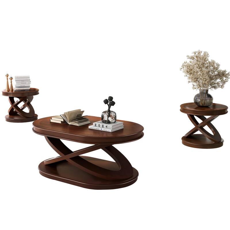 Oval Coffee Table Cocktail Table with X-Shaped Wood Legs, Wood Center Table Accent Table with Round End Table Set of 2