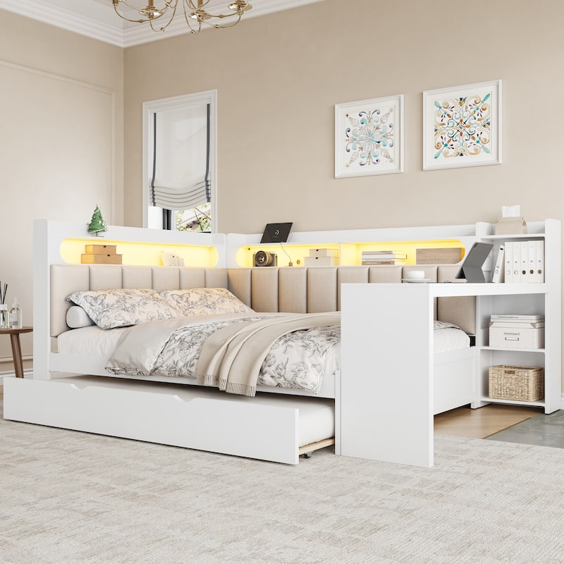 Roomfitters Full Daybed with Trundle, Charging Station and Upholstered Headboard - White - Full