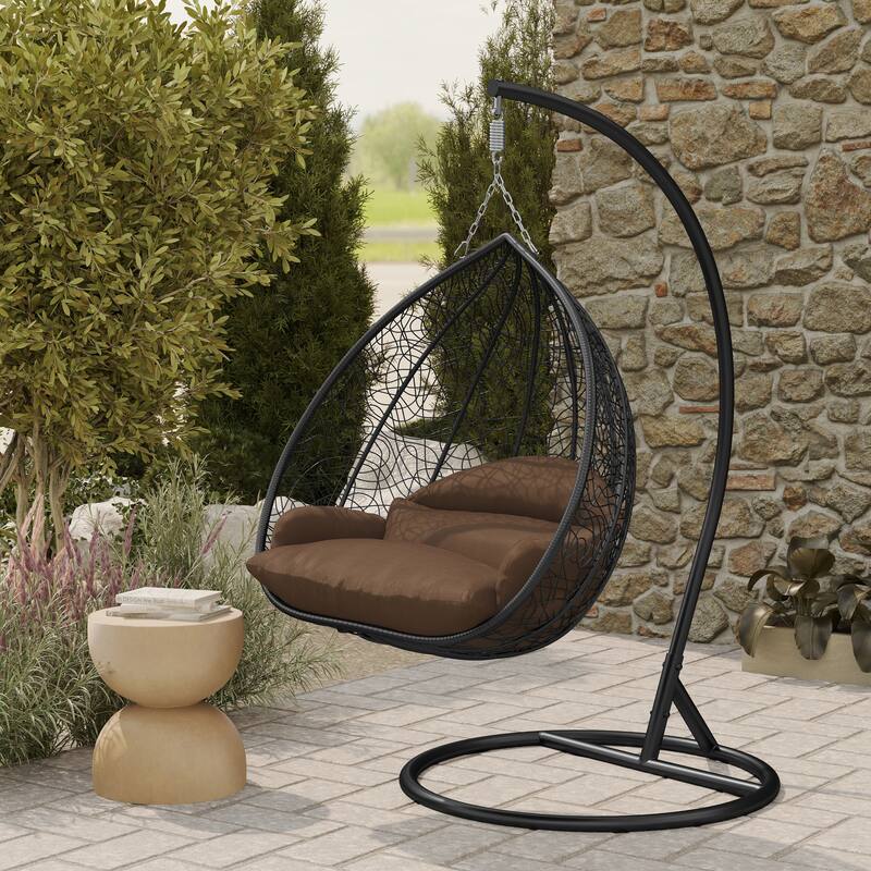 2-Person Outdoor Hanging Egg Chair with Teardrop Frame, Weather-Resistant Cotton Cushioned Seat for Patio and Indoor Use