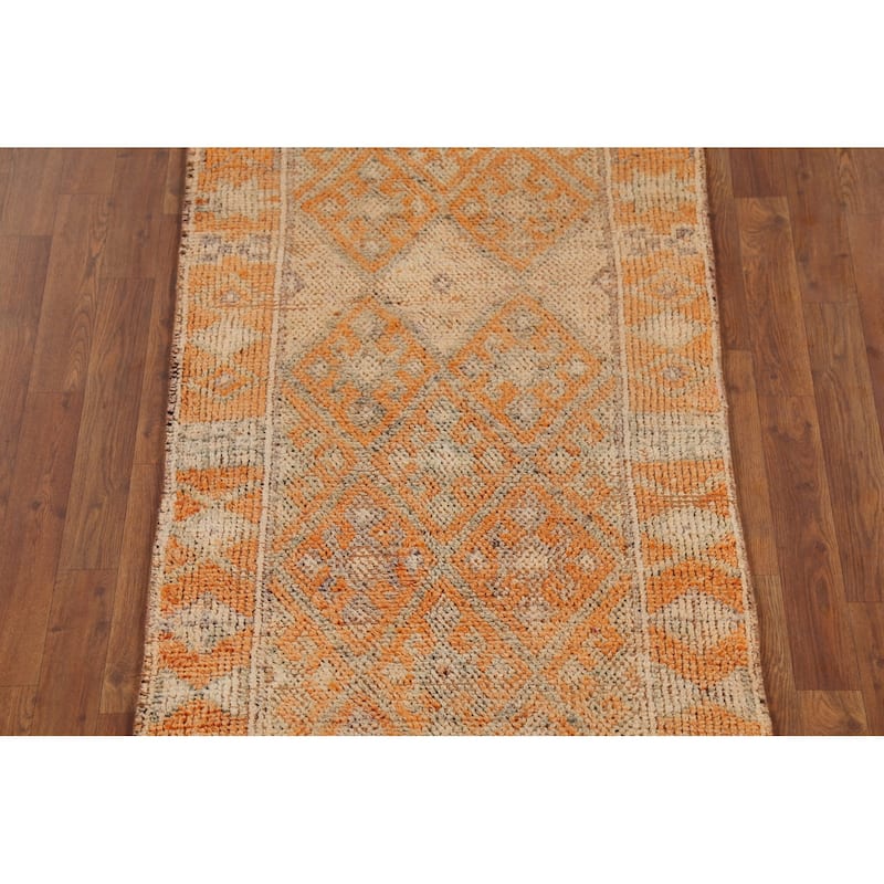 Geometric Oushak Oriental Vintage Runner Rug Handmade Wool Carpet - 2'6"x 8'0"
