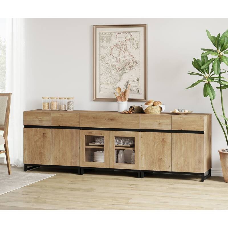 WAMPAT Modern Sideboard with Adjustable Shelves and Drawer, 3 in 1 Storage Cabinet with Glass Doors for Living Room, Kitchen - 94.5 inches - Oak