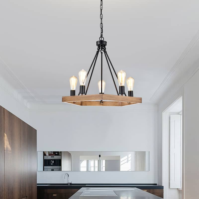 Aafje Matte Black Pentagon 5 Light Wood Grain Paint Chandelier 24 Inch.