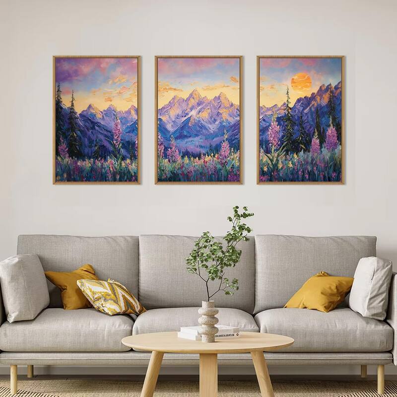 Purple Sunset Mountain Landscape Framed Canvas Wall Art Set