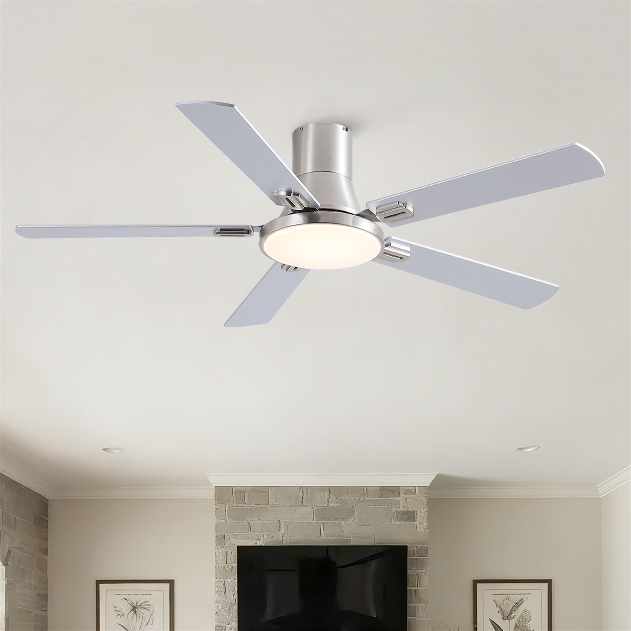52 inch Mordern Flush Mount Ceiling Fan with Light and Double-Sized Blades