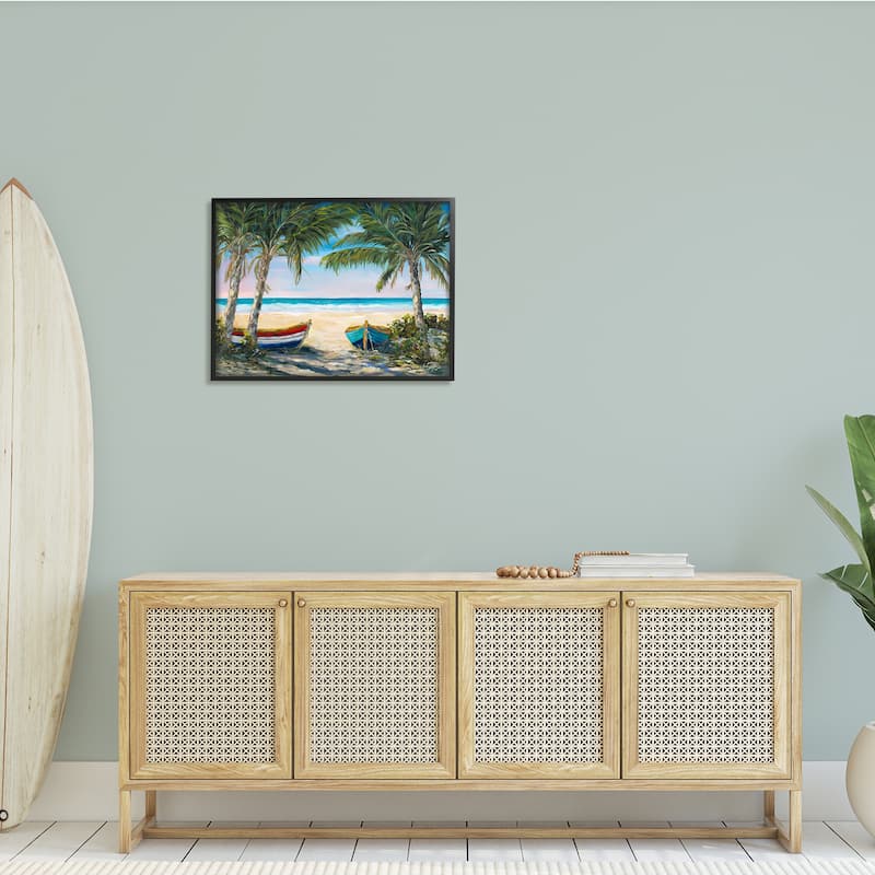 Stupell Row Boats on Beach Shore Tropical Palm Trees Framed Wall Art