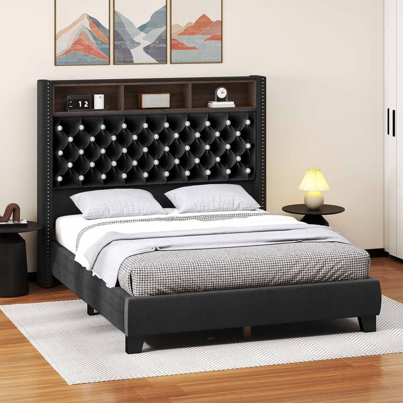 Moasis King/Queen Size Velvet Upholstered Bed Frame with Storage Headboard with USB Charging Stations