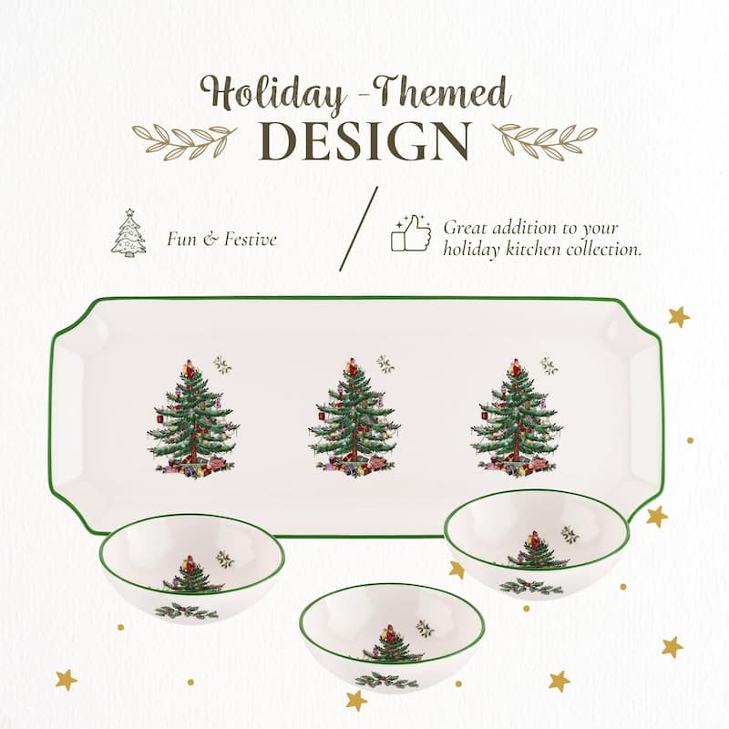 Spode Christmas Tree Rectangular Tray with 3 Dishes - 14" L x 4" W