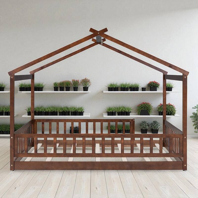 Twin/Full Size Wooden House Bed Frame with Fence and Roof, Playhouse Style for Kids and Teens