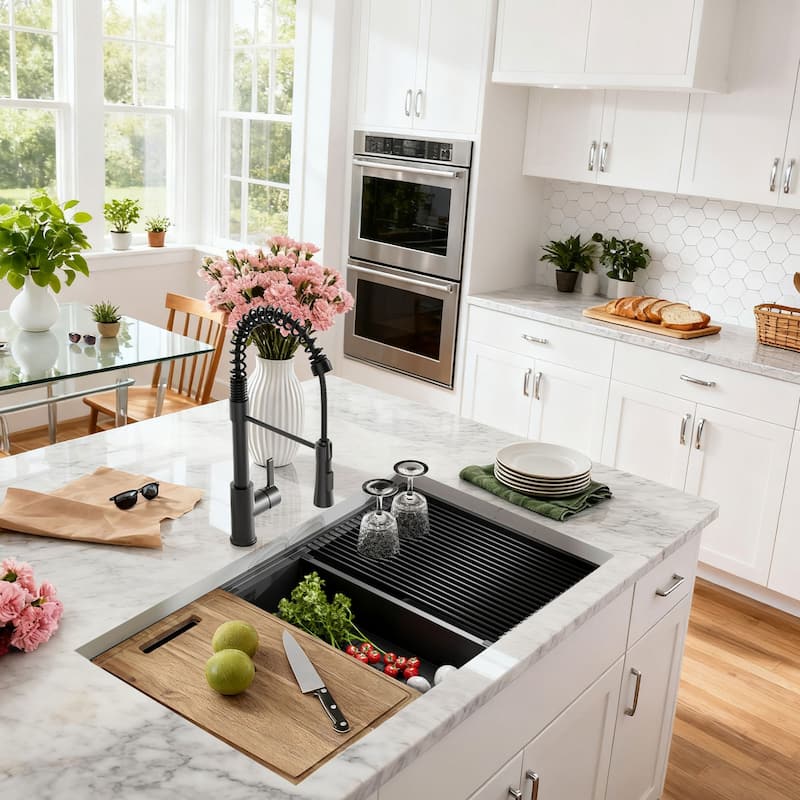 33 inch Upgrade Black Doubel Bowl Undermount Workstation Stainless Steel Sink, 18 Gauge Single Bowl Stainless Steel