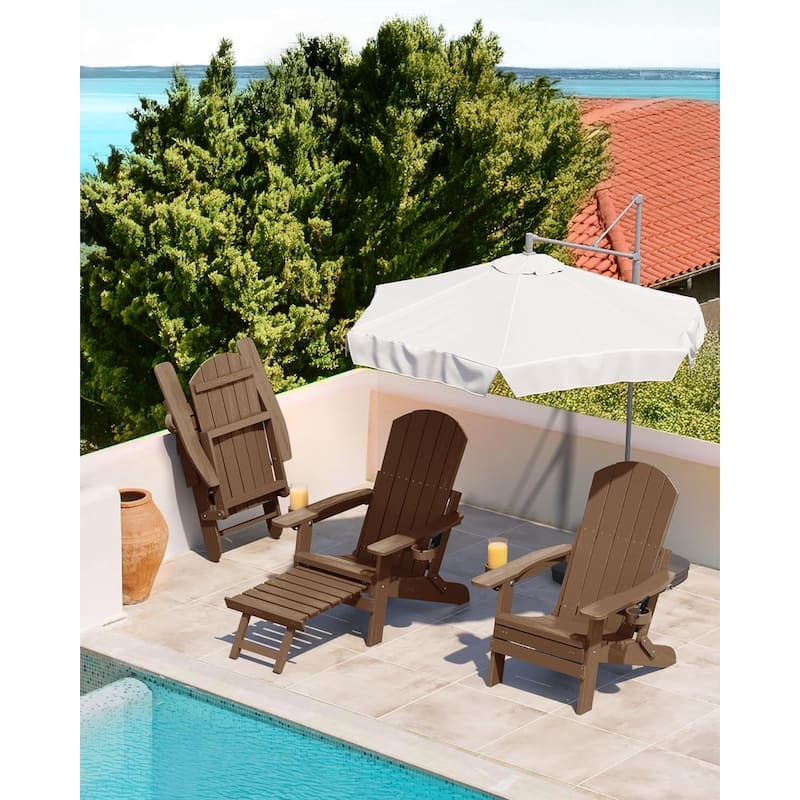 WINSOON All Weather HIPS Folding Adirondack Chair with Ottoman, 5-Gear Adjustable Backrest and Retractable Ottoman Set of 4