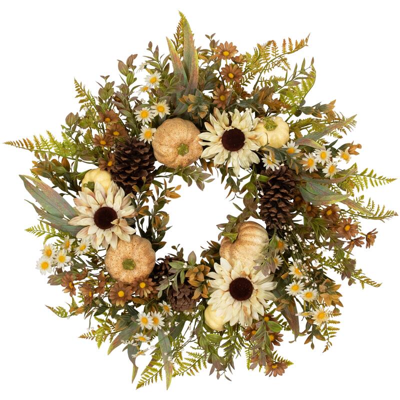 Pumpkins, Sunflowers and Fern Artificial Floral Fall Harvest Wreath - 28"