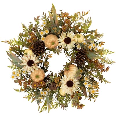 Sunflowers and Pumpkins Artificial Fall Harvest Wreath - 28" - Unlit