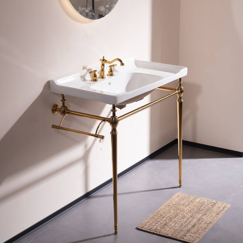 GDFStudio - Vici Modern 36" Bathroom Console Sink with Freestanding Stainless Steel Legs & Towel Bar, WITHOUT Faucet