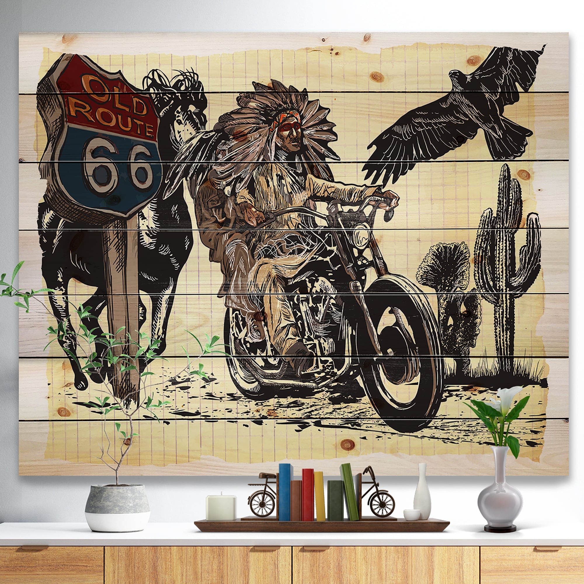 Designart 'Native American in Motorcycle' Sketch of Indian Animals Print on  Natural Pine Wood Brown Bed Bath  Beyond 23550407