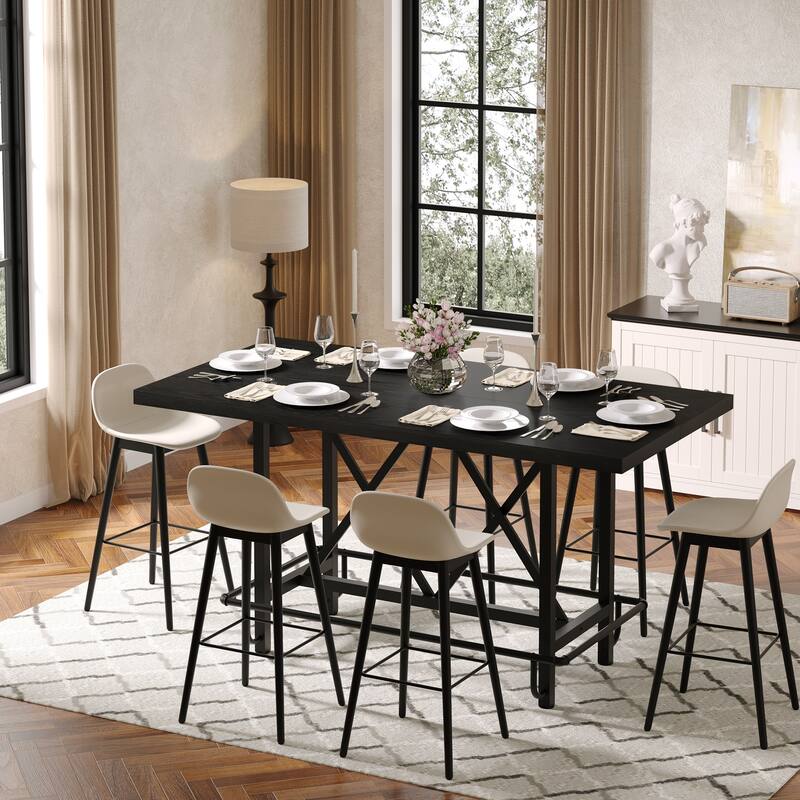 63" Long Wood Dining Table for 4-6 People, Farmhouse Dinner Table with Thick Tabletop, Kitchen Table with Footrest