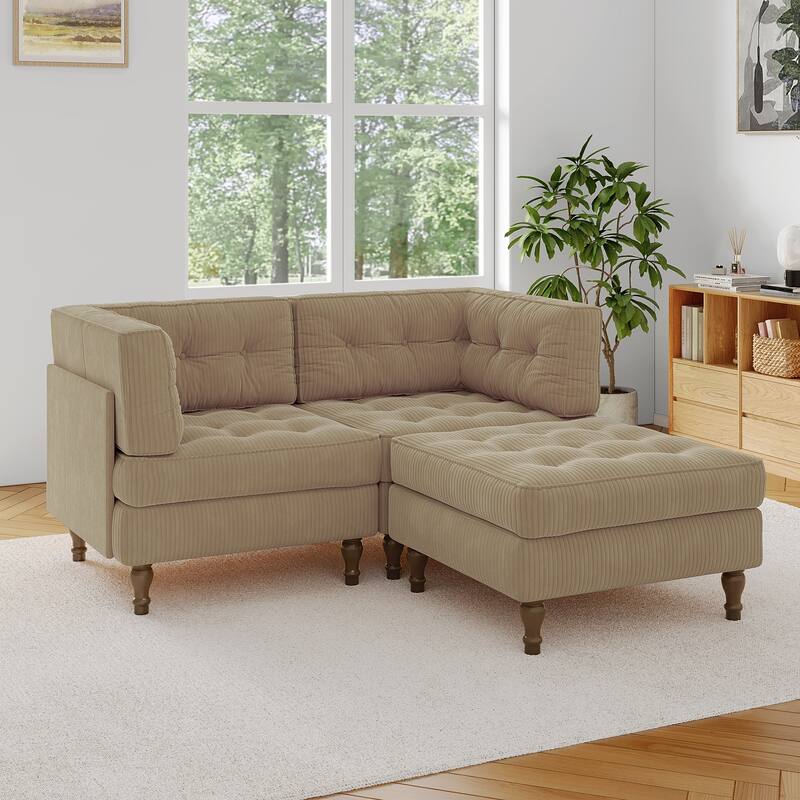 Corduroy Upholstered Modular Corner Sectional Sofa with Reversible Ottoman - Camel