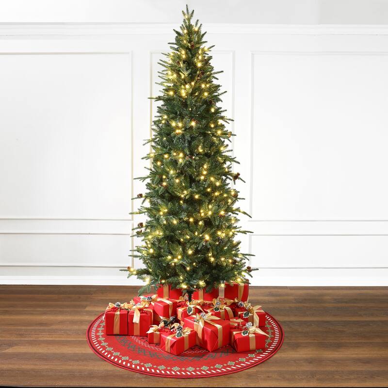 7.5Ft Pre-Lit Hinged Green Slender Artificial Christmas Tree with Pinecones - 90" H x 38" Diameter