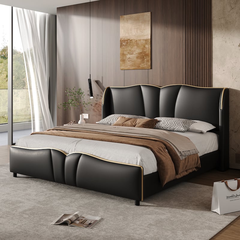 Roomfitters Queen Size PU Upholstered Platform Bed Frame with Wingback Headboard and Wavy Footboard, Modern Leather Bed - Black
