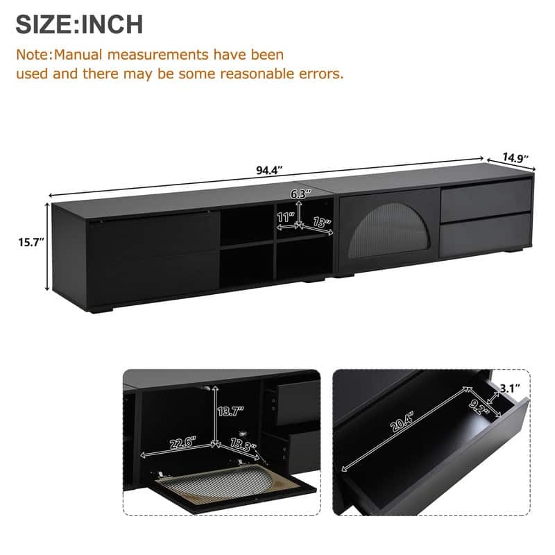 94.4" Modern TV Stand with LED Lights, Fluted Glass Doors & Drawers - Media Console for TVs Up to 100 inches