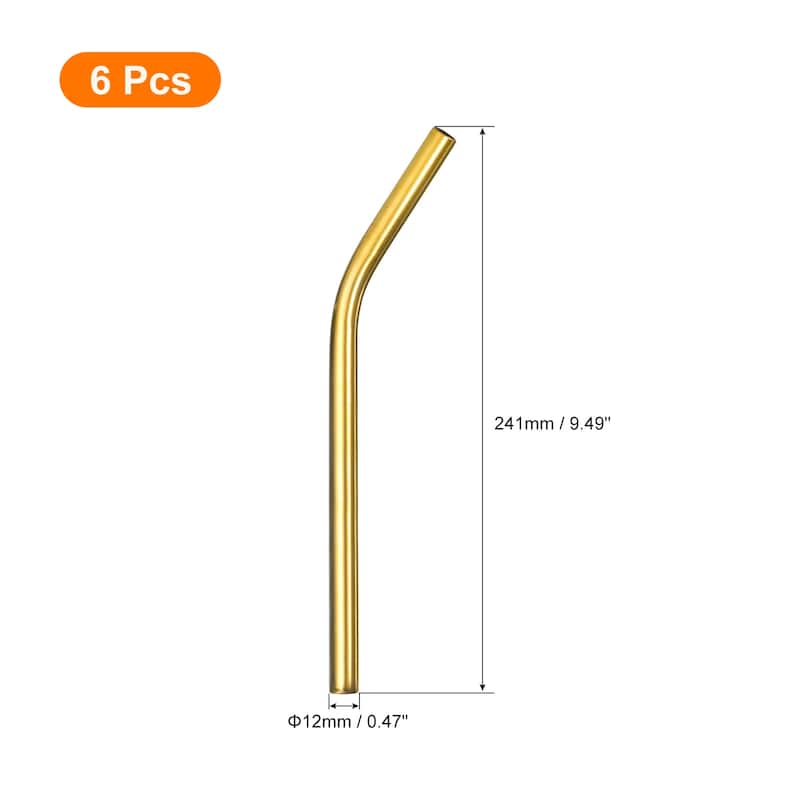 6Pcs Reusable Metal Straws, 9.5" Stainless Steel, 0.5" Wide, Bent - Golden